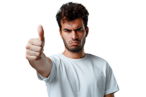 Unhappy man doing thumbs up on isolated transparent background png
