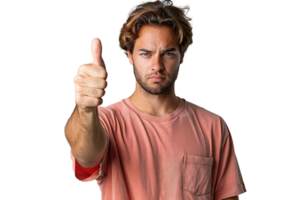 Unhappy man doing thumbs up on isolated transparent background png