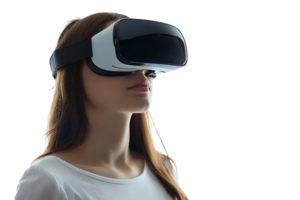 jung Mädchen erkunden riesig Chancen von virtuell Wirklichkeit mit vr Headset auf isoliert transparent Hintergrund png