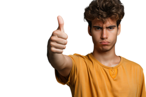 Unhappy man doing thumbs up on isolated transparent background png