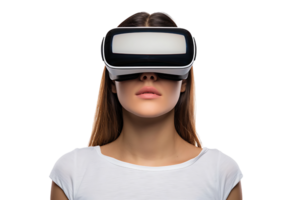 jovem menina explorando grande oportunidades do virtual realidade com vr fone de ouvido em isolado transparente fundo png