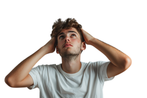 Young doubtful man thinking, scratching head and trying to find solution on isolated transparent background png