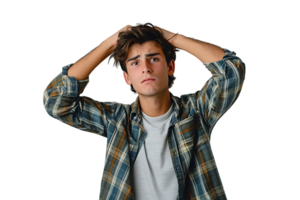 Young doubtful man thinking, scratching head and trying to find solution on isolated transparent background png