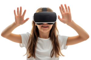 giovane ragazza esplorando vasto opportunità di virtuale la realtà con vr cuffia su isolato trasparente sfondo png