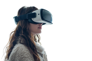 giovane ragazza esplorando vasto opportunità di virtuale la realtà con vr cuffia su isolato trasparente sfondo png