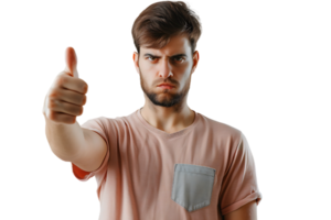 Unhappy man doing thumbs up on isolated transparent background png