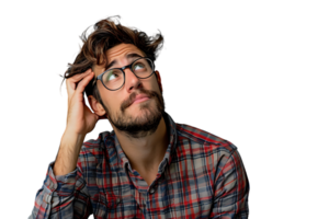 Young doubtful man thinking, scratching head and trying to find solution on isolated transparent background png