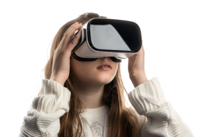 jovem menina explorando grande oportunidades do virtual realidade com vr fone de ouvido em isolado transparente fundo png