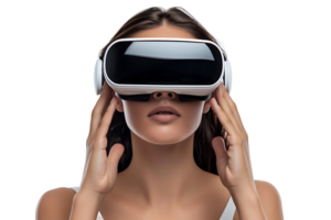 jovem menina explorando grande oportunidades do virtual realidade com vr fone de ouvido em isolado transparente fundo png