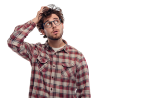 Young doubtful man thinking, scratching head and trying to find solution on isolated transparent background png