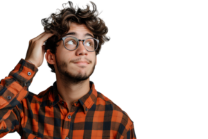 Young doubtful man thinking, scratching head and trying to find solution on isolated transparent background png