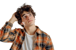 Young doubtful man thinking, scratching head and trying to find solution on isolated transparent background png