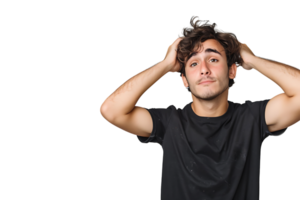 Young doubtful man thinking, scratching head and trying to find solution on isolated transparent background png