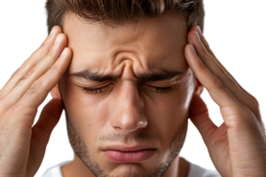 Mann Leiden von Kopfschmerzen, drücken Finger zu Tempel mit geschlossen Augen auf isoliert transparent Hintergrund png