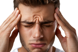 Man suffering from headache, pressing fingers to temples with closed eyes on isolated transparent background png