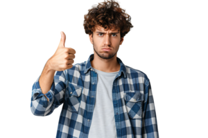 Unhappy man doing thumbs up on isolated transparent background png