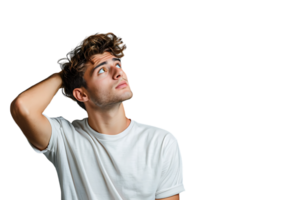 Young doubtful man thinking, scratching head and trying to find solution on isolated transparent background png