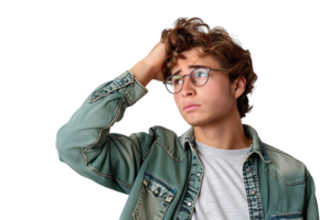 Young doubtful man thinking, scratching head and trying to find solution on isolated transparent background png