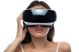 jong meisje verkennen enorm mogelijkheden van virtueel realiteit met vr koptelefoon Aan geïsoleerd transparant achtergrond png