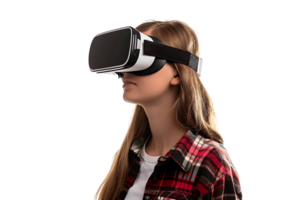 jung Mädchen erkunden riesig Chancen von virtuell Wirklichkeit mit vr Headset auf isoliert transparent Hintergrund png