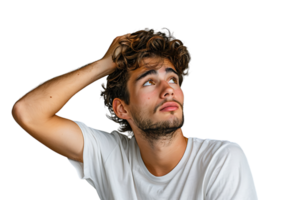 Young doubtful man thinking, scratching head and trying to find solution on isolated transparent background png