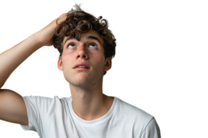 Young doubtful man thinking, scratching head and trying to find solution on isolated transparent background png