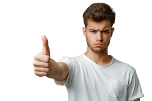 Unhappy man doing thumbs up on isolated transparent background png