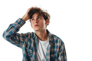 Young doubtful man thinking, scratching head and trying to find solution on isolated transparent background png