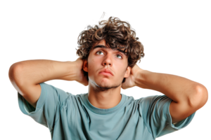 Young doubtful man thinking, scratching head and trying to find solution on isolated transparent background png