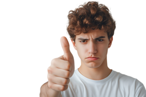 Unhappy man doing thumbs up on isolated transparent background png