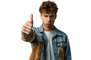 Unhappy man doing thumbs up on isolated transparent background png