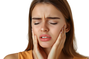 young male holding her cheek with hand, suffering from bad tooth ache on isolated transparent background png