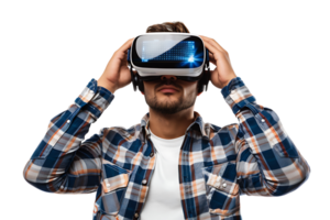 Man wearing virtual reality headset and playing game on isolated transparent background png