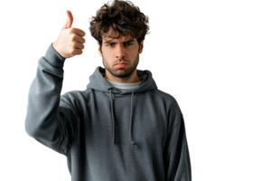 Unhappy man doing thumbs up on isolated transparent background png