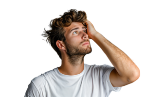 Young doubtful man thinking, scratching head and trying to find solution on isolated transparent background png