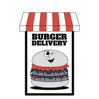 Express delivery concept in the retro groovy style. Burger or fast food service, order, fast and free shipping. Trendy design illustration. vector