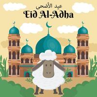 flat eid al adha illustration with sheep on mosque background vector