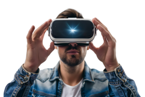 Caucasian male wearing virtual reality headset on isolated transparent background png