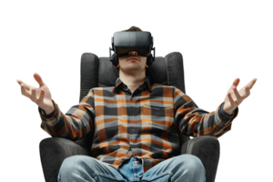 Caucasian male wearing virtual reality headset and sitting on chair on isolated transparent background png