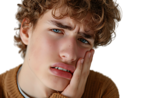 young male holding her cheek with hand, suffering from bad tooth ache on isolated transparent background png