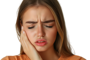 young male holding her cheek with hand, suffering from bad tooth ache on isolated transparent background png