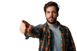 Portrait of man pointing at camera on isolated transparent background png