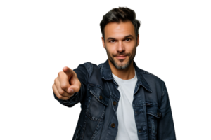 Portrait of man pointing at camera on isolated transparent background png