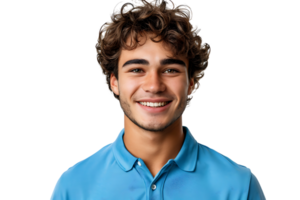 cerca arriba retrato de joven sonriente hermoso hombre en azul polo camisa en aislado transparente antecedentes png