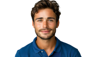 Close up portrait of young smiling handsome man in blue polo shirt on isolated transparent background png