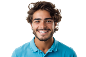 proche en haut portrait de Jeune souriant Beau homme dans bleu polo chemise sur isolé transparent Contexte png