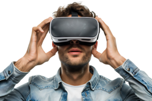 Caucasian male wearing virtual reality headset on isolated transparent background png