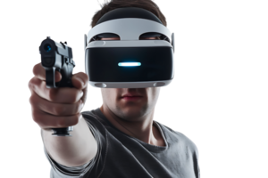 Man wearing virtual reality headset and playing game on isolated transparent background png