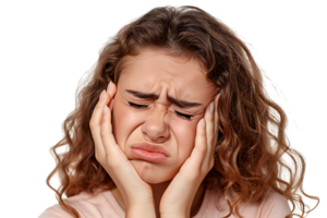 young male holding her cheek with hand, suffering from bad tooth ache on isolated transparent background png