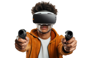 Man wearing virtual reality headset and playing game on isolated transparent background png